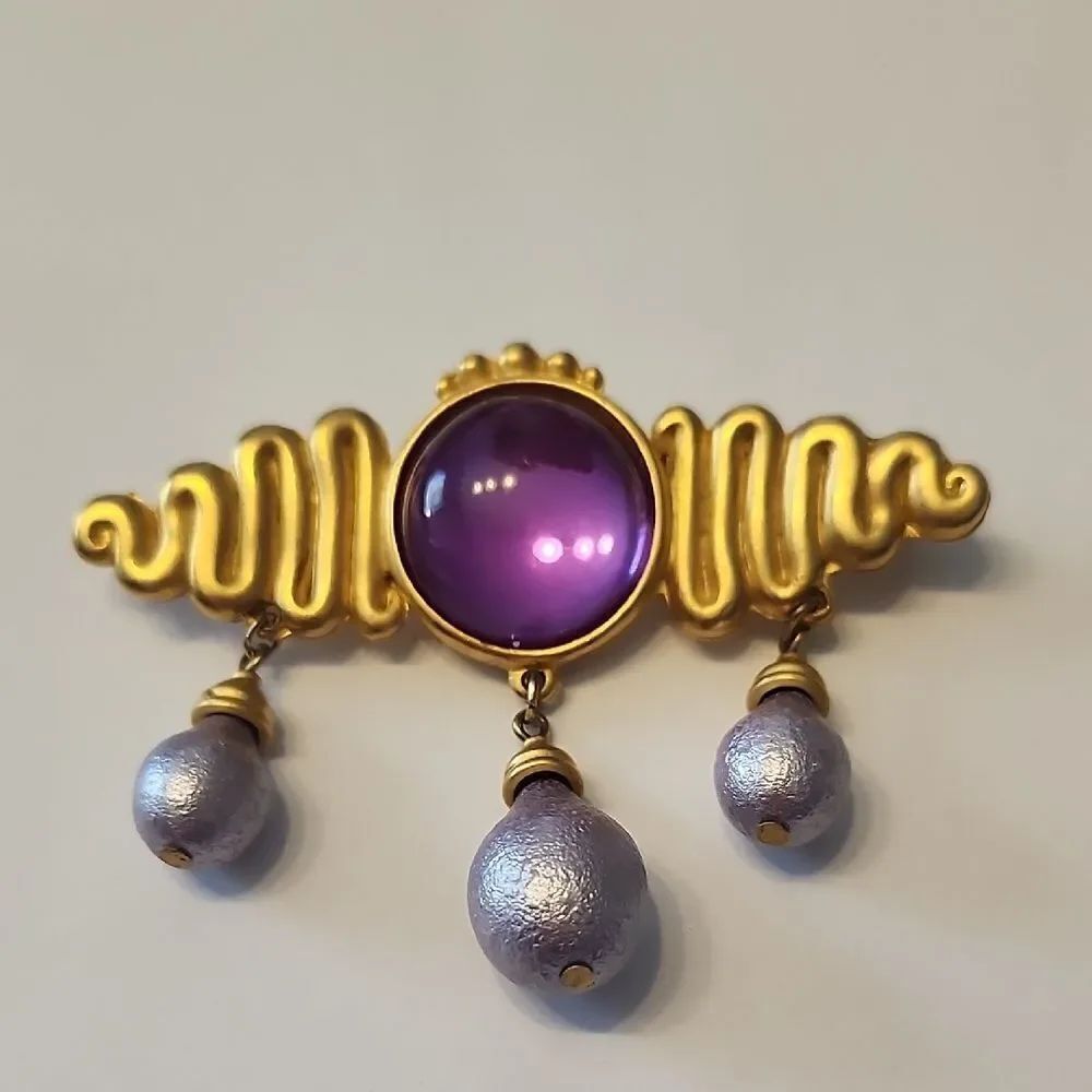 Matte Gold Tone Purple Lucite Faux Pearl Dangle Bar Brooch Designer Quality
